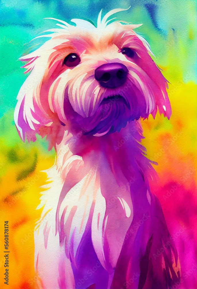 Funny adorable portrait headshot of cute doggy. Maltese dog breed puppy, standing facing front. Looking to camera. Watercolor imitation illustration. AI generated vertical artistic poster.