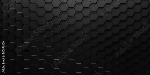 Black geometric hexagonal abstract background. Surface polygonal pattern with glowing hexagons,