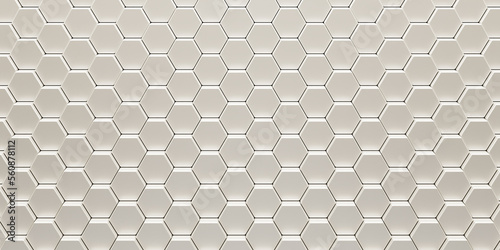 White geometric hexagonal abstract background. Surface polygonal pattern with glowing hexagons,