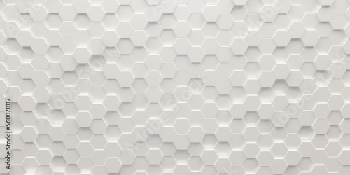 White geometric hexagonal abstract background. Surface polygonal pattern with glowing hexagons,