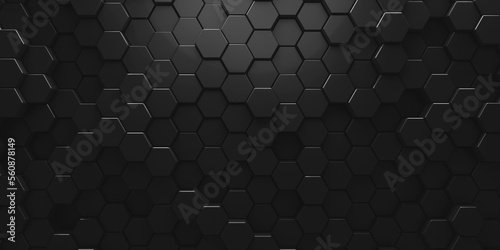 Black geometric hexagonal abstract background. Surface polygonal pattern with glowing hexagons,
