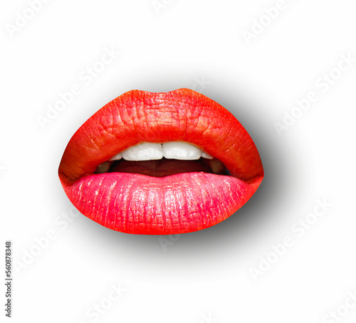 Female lips on white isolated background, clipping path. Woman mouth with red lip, close up.