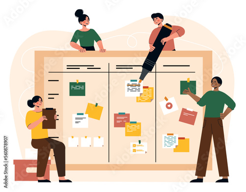 Board with sticky notes teamwork. Planning and setting goals. Men and woman organize work process, time management. Motivation and tasks. Cooperation and partnership. Cartoon flat vector illustration
