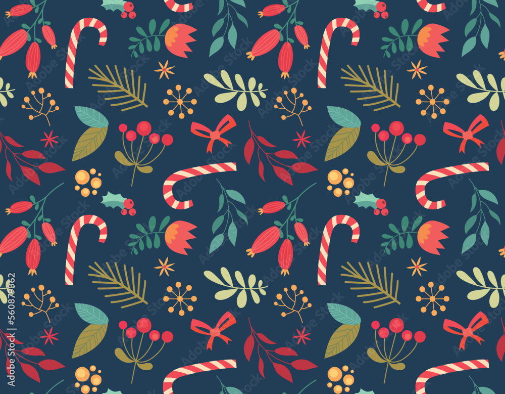 Christmas decor seamless pattern. Repeating design element for printing on fabric. Sweets and branches, symbol of winter holidays and New Year. Festival and event. Cartoon flat vector illustration