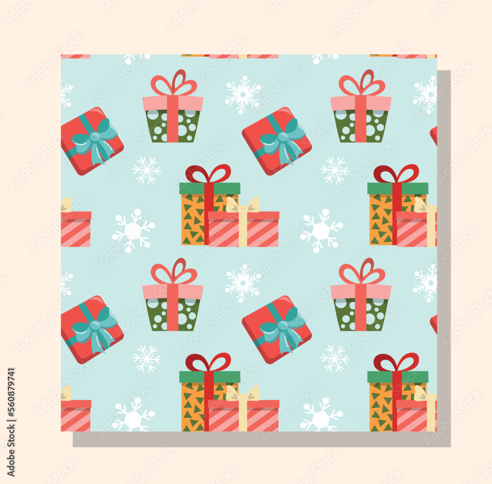 Christmas seamless pattern. Repeating design element for printing on wrapping paper. Gift boxes, presentand surprise, bright decoration. Winter holidays and festivals. Cartoon flat vector illustration