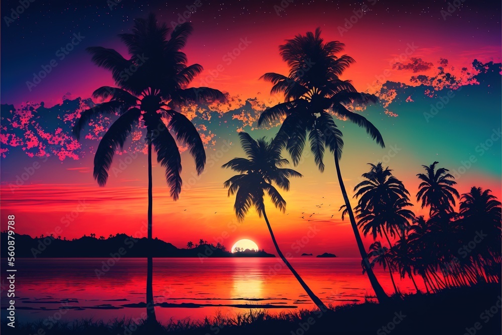Beautiful colorful sunset on the tropical ocean beach.Generative ai