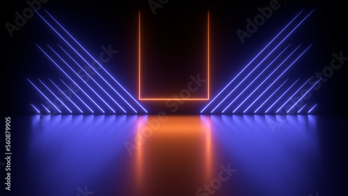 Sci Fy neon glowing lamps in a dark hall. Reflections on the floor. Empty background in the center. 3d rendering image. Abstract glowing lines. Techology futuristic background.