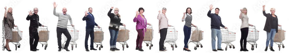 group of people with trolley greet isolated on white group of people with trolley greet isolated on white