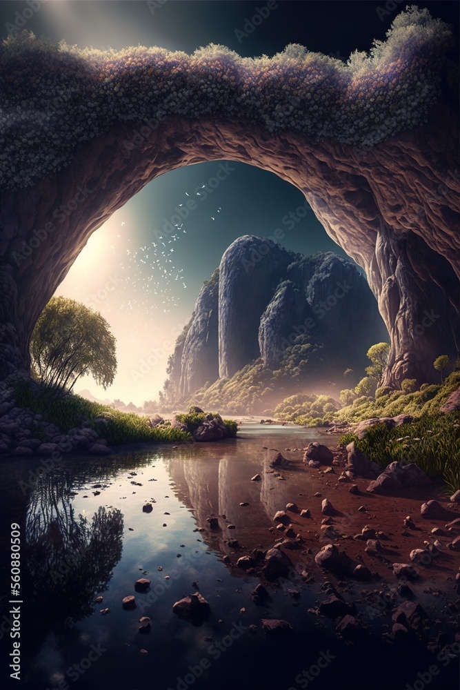 A majestic arch rocks formations with a river and dandelions illustration made with Generative AI