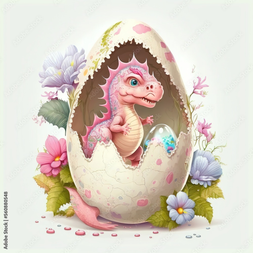 Dinosaur pink egg shell with little pink Dinosaur princess. Generative ai