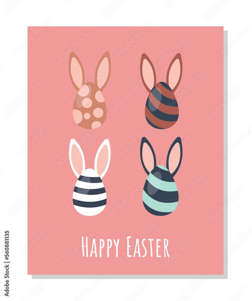 Fototapeta premium Easter boho greeting card. Collection of colorful eggs with ears. Culture, traditions and religion. International holiday and festival. Gifts, surprise and present. Cartoon flat vector illustration