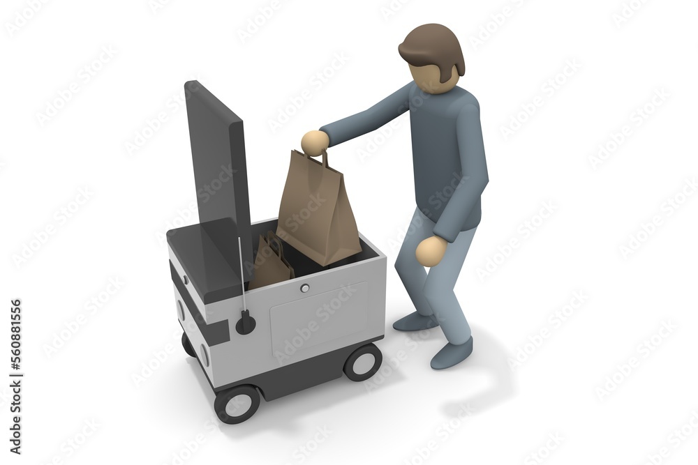 A person who receives a package from a robot. A robot that delivers automatically. Machines deliver packages unattended.