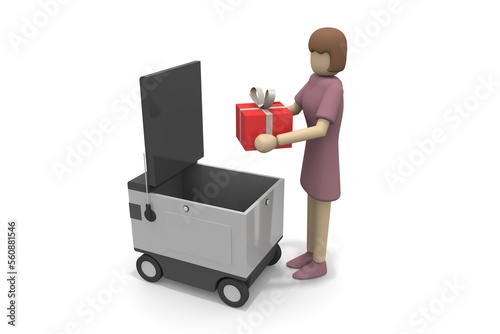 A person who receives a package from a robot. A robot that delivers automatically. Machines deliver packages unattended.