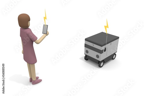 Receive delivery information on your smartphone. A person who receives a package from a robot. A robot that delivers automatically. Machines deliver packages unattended.