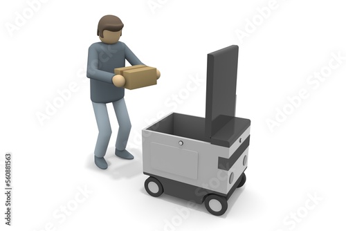 A person who receives a package from a robot. A robot that delivers automatically. Machines deliver packages unattended.
