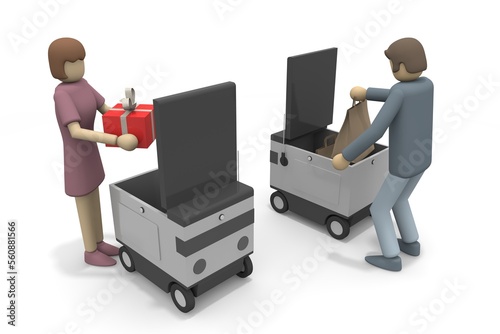A person who receives a package from a robot. A robot that delivers automatically. Machines deliver packages unattended.