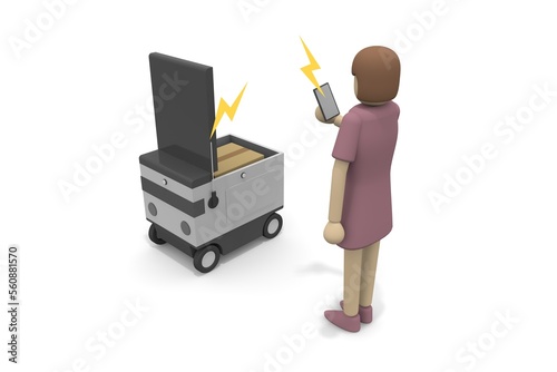 Receive delivery information on your smartphone. A person who receives a package from a robot. A robot that delivers automatically. Machines deliver packages unattended.