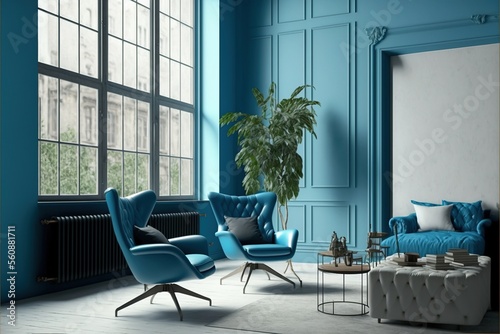 Modern luxurious interior of living room with blue armchairs. Generative ai