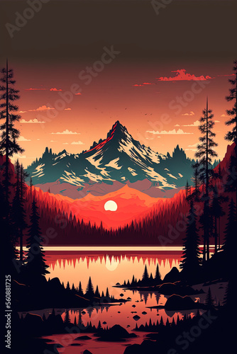 idyllic sunset behind an alpine mountain range, illustration made with Generative AI
