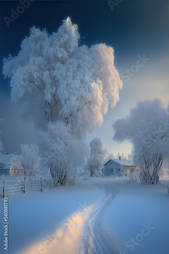 A beautiful snow-scape morning in the village illustration made with Generative AI