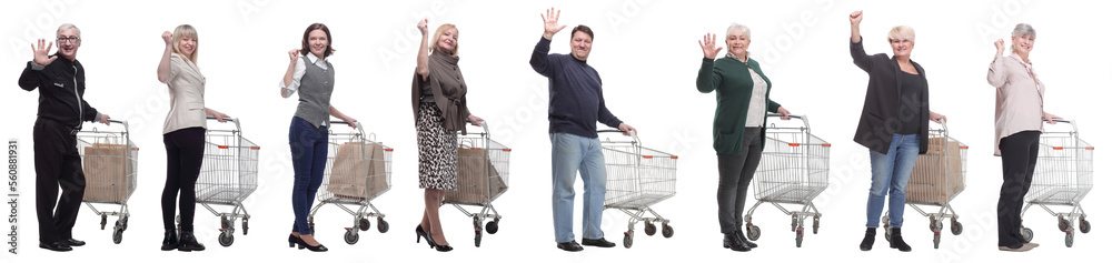 group of people with trolley greet isolated on white group of people with trolley greet isolated on white