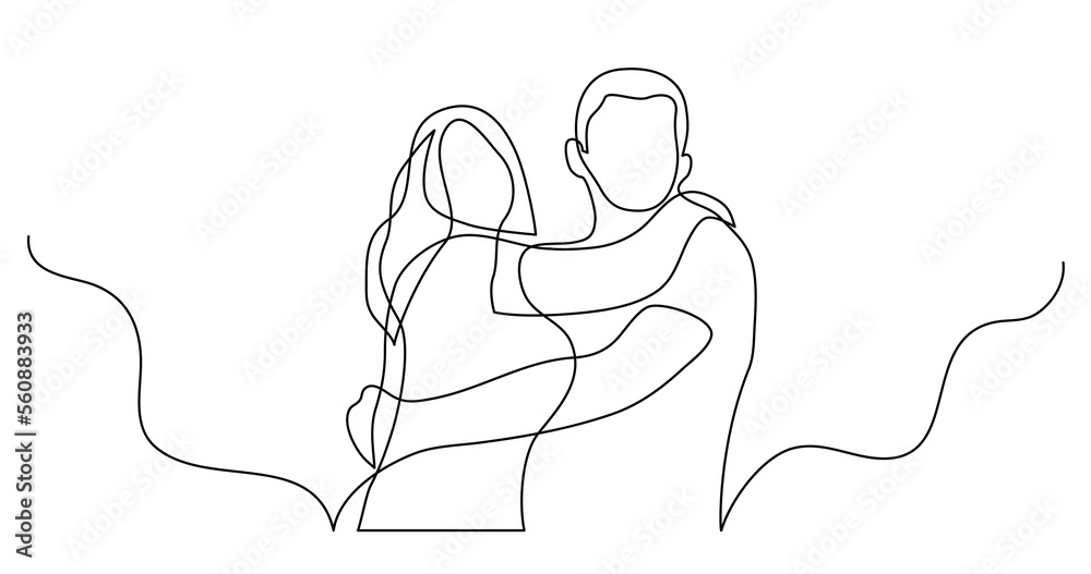 continuous line drawing of happy couple of man and woman hugging each ...