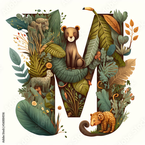 Cute letter M, Children's book, Jungle theme, Generative AI photo