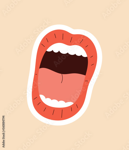 Femme mouth icon. Lips in red lipstick, character screaming, Aesthetics and elegance, fashion and style. Poster or banner for website. Emotions and facial expressions. Cartoon flat vector illustration