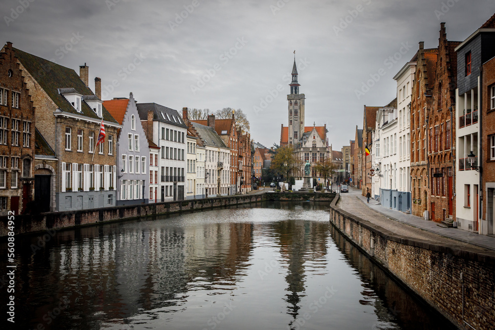 View of the Brugge historic city center. The old town in medieval Europe, Belgium.