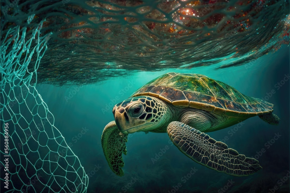 Obraz premium Sea turtle trapped by a net under the sea. Generative AI