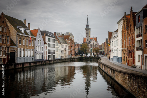 View of the Brugge historic city center. The old town in medieval Europe, Belgium.