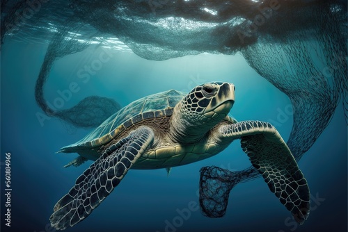 Sea turtle trapped by a net under the sea. Generative AI