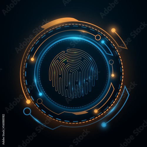 Fingerprint verification with glowing sci-fi HUD for user interface. Biometrics check. Storage of network user data. UI and UX design. Vector illustration