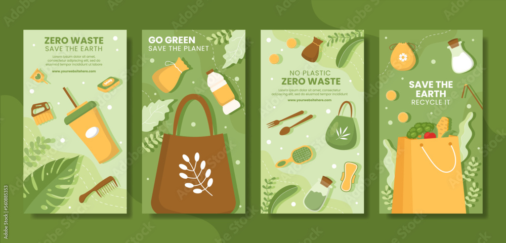 Fototapeta premium Zero Waste Social Media Storied Flat Environment Cartoon Hand Drawn Templates Illustration