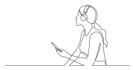 Fototapete Eine Linie Frau mit Smartphone Kopfhörer Linienkunst  © OneLineStock