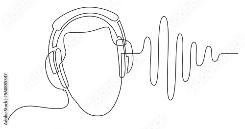 continuous line drawing of man listening music in headphones wuth sound wave - PNG image with transparent background photo