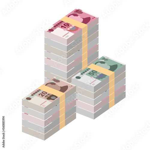 Yuan Renminbi Vector Illustration. Chinese money set bundle banknotes. Paper money 10, 20, 50, 100 CNY. Flat style. Isolated on white background. Simple minimal design.