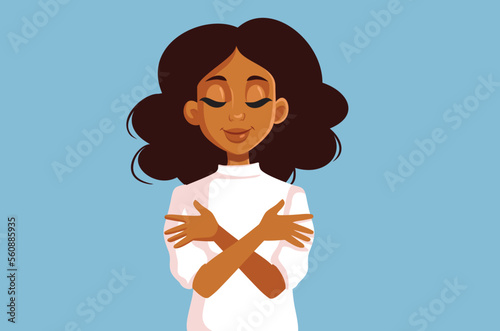 Happy Woman Showing Self-Acceptance and Self. Love Vector Cartoon Illustration. Girl finding her inner self feeling more confident and accepting with her persona
