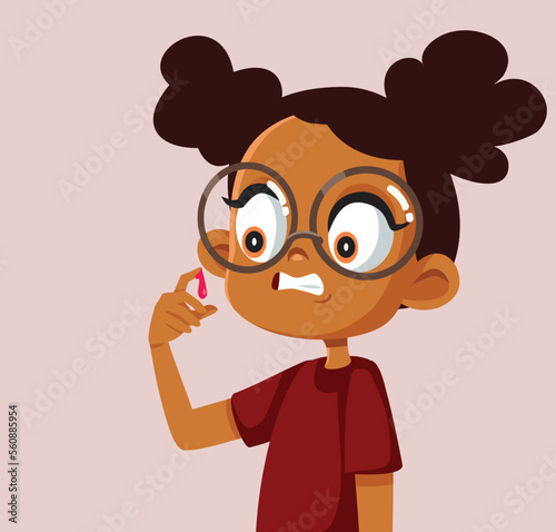 Little Girl Injured Her Finger Afraid to See Blood Vector Cartoon © nicoletaionescu