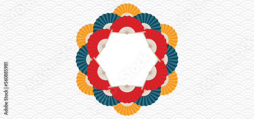 Abstract background with Chinese traditional hand fan forming a mandala frame. Abstract combination of hand fans