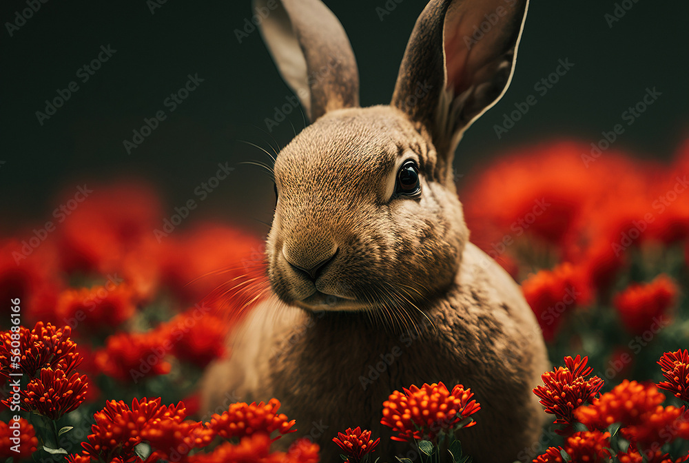 rabbit on background of red flowers symbolizing chinese lunar new year, the year of the rabbit. Generative AI - obrazy, fototapety, plakaty 