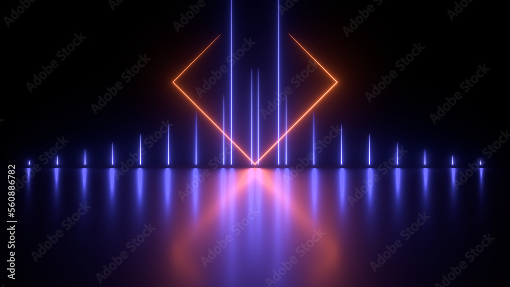 Sci Fy neon glowing lamps in a dark hall. Reflections on the floor. Empty background in the center. 3d rendering image. Abstract glowing lines. Techology futuristic background.