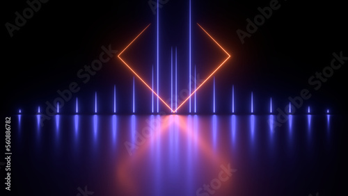 Sci Fy neon glowing lamps in a dark hall. Reflections on the floor. Empty background in the center. 3d rendering image. Abstract glowing lines. Techology futuristic background.