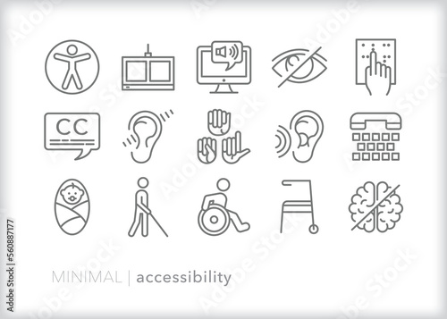 Set of accessibility line icons for tools to communicate with other people and consume information online through assistive technology photo