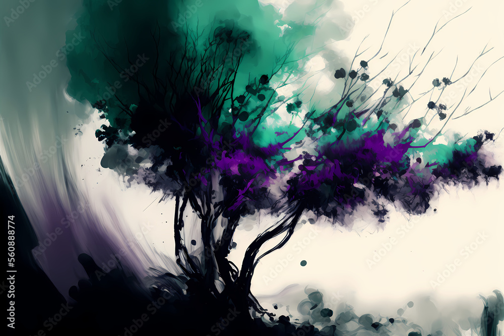 Abstract style tree growing out of ethereal mist background.