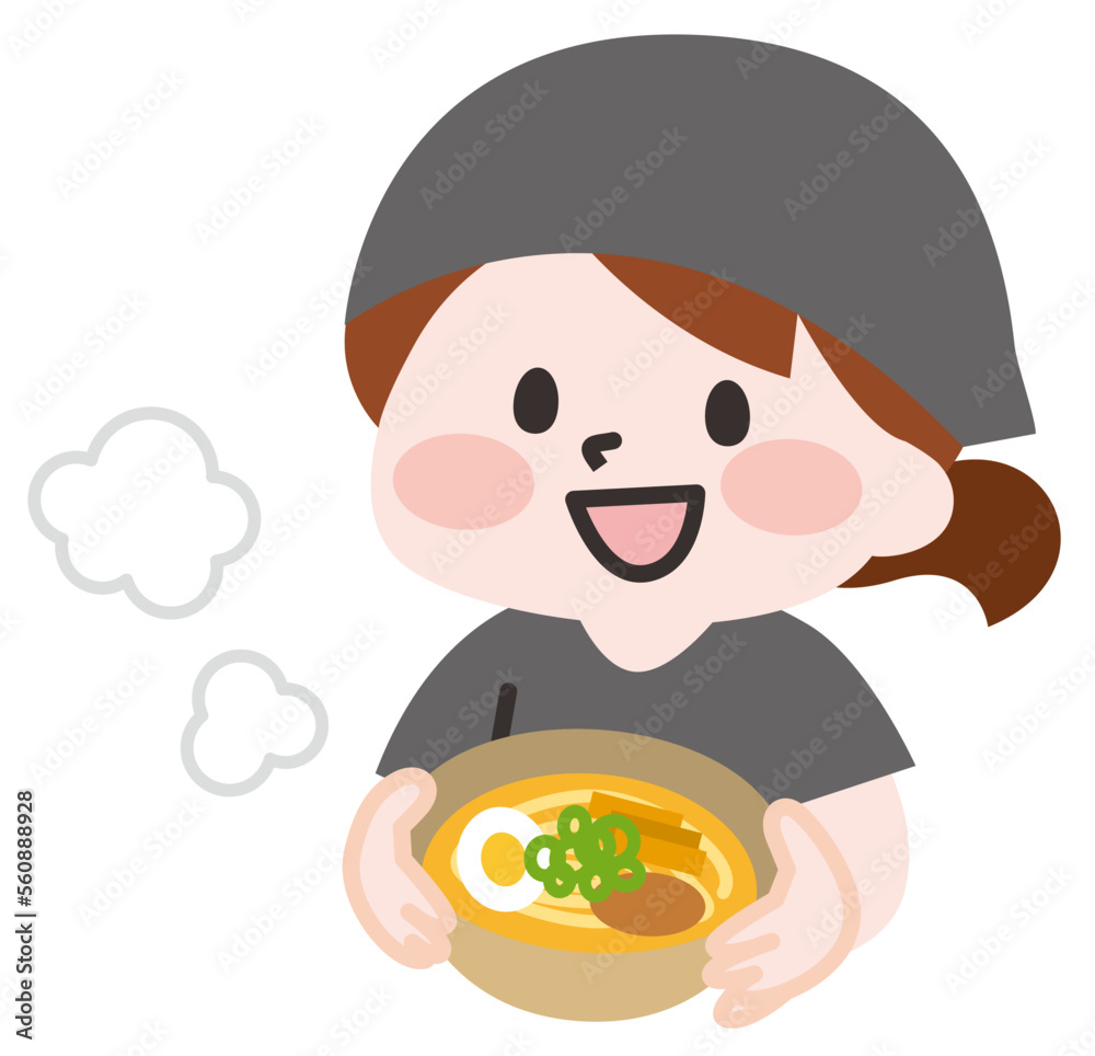 ラーメン屋で働く笑顔の女性スタッフ 