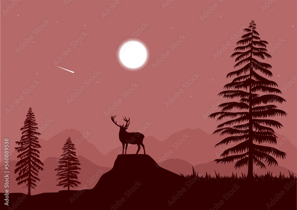 Fototapeta premium landscape with a red deer silhouette and moon vector illustration