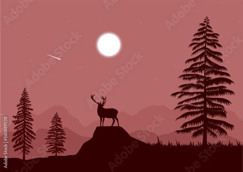 landscape with a red deer silhouette and moon vector illustration