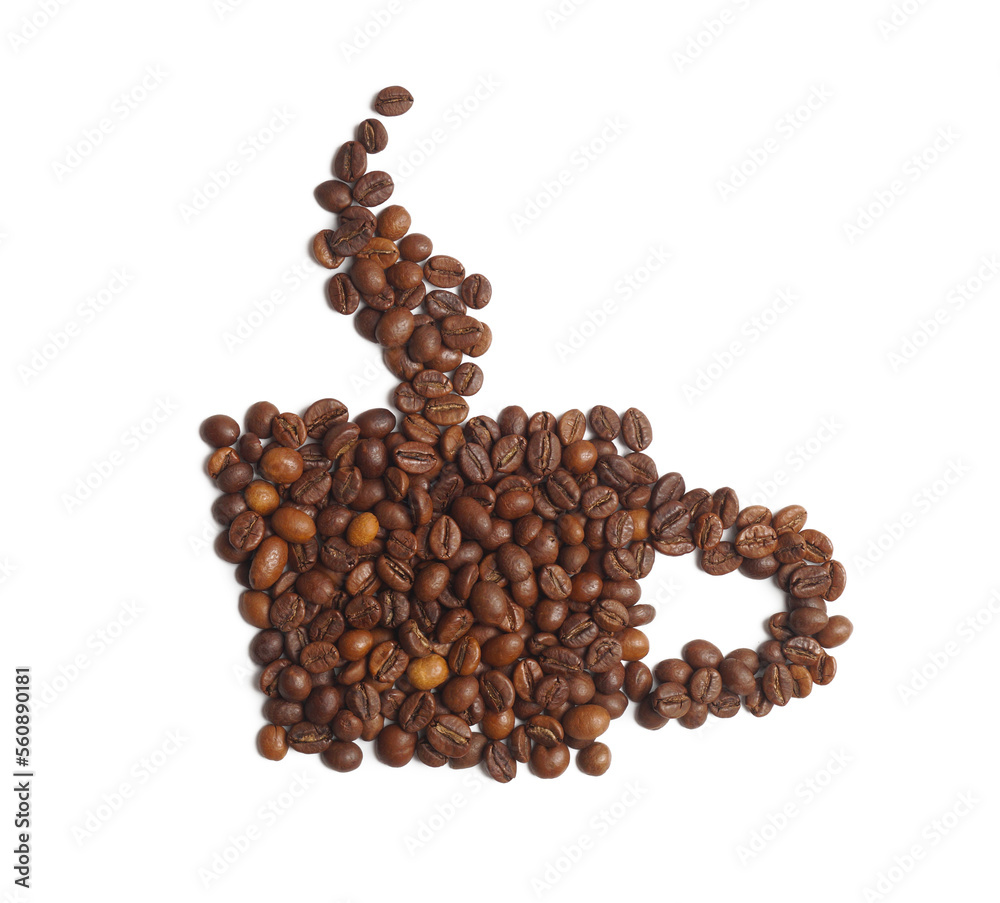 Cup of hot drink, composition made with coffee beans isolated on white, top view Cup of hot drink, composition made with coffee beans isolated on white, top view