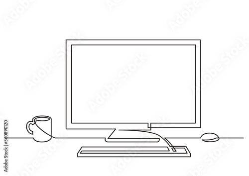 continuous line drawing work desk computer coffee - PNG image with transparent background